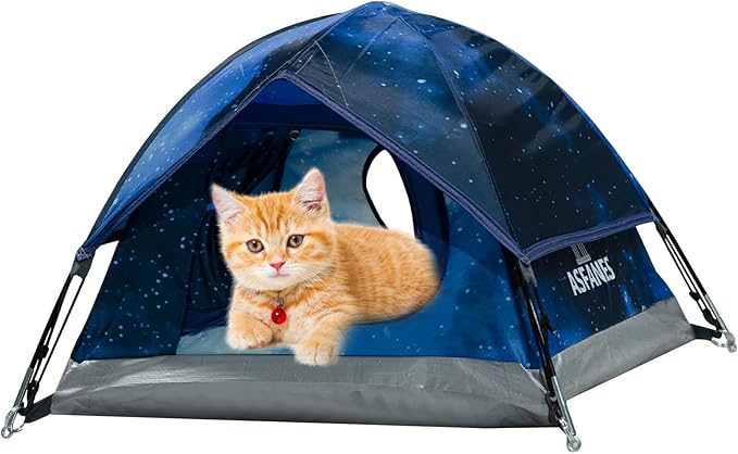 Outdoor Waterproof Pet Camping Tent, Cave Bed for Indoor Cats and Small Dogs, Portable Cat House Dog House, 21.6x21.6x14.9'', Navy Blue, S.