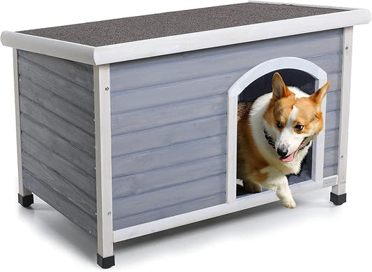 Petsfit Wooden Dog House,Outdoor Pet Kennel, Solid Wood, Weather Proof, Light Grey, Medium/40.8 X 26 X 27.6 Inch