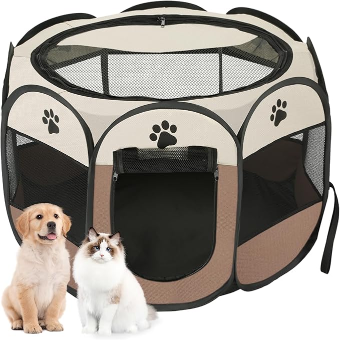 Pet Cat Playpen for Indoor Cats Enclosed, Portable Foldable Dog Playpen Outdoor with Zipper Top Cover Door for Dogs, Cats, Small Animals