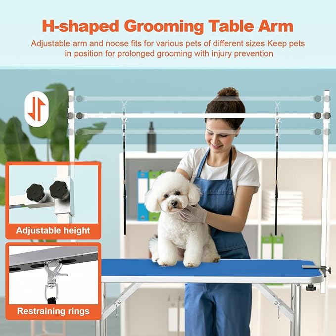 46'' Modern Blue Dog Grooming Table, Foldable Professional Grooming Table for Large Dogs, Up to 330lbs, Stainless Steel