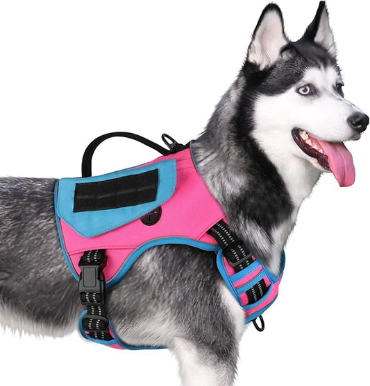 WINGOIN Tactical Dog Harness for Medium Dogs, No Pull Harness with Handle Pockets Poop Bag, Reflective Dog Vest, Military Service Heavy Duty Big Dog Harness for Walking Hiking Training, Pink Blue, M