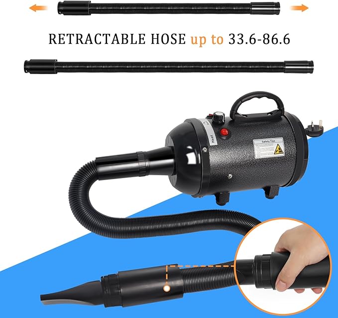 Large Dog Grooming Dryer - 5.2HP 3800W High Velocity Hair Dryer with Heater, Adjustable Temperature, and 4 Nozzles (Black)