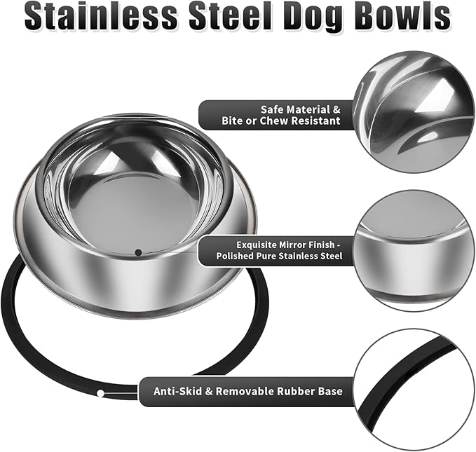 3Pcs Stainless Steel Dog Bowls Set - Non-Slip Food and Water Bowl 54 Oz - Dishwasher-Safe, Rust Resistant Metal Pet Bowls for Small/Medium/Large Sized Pets