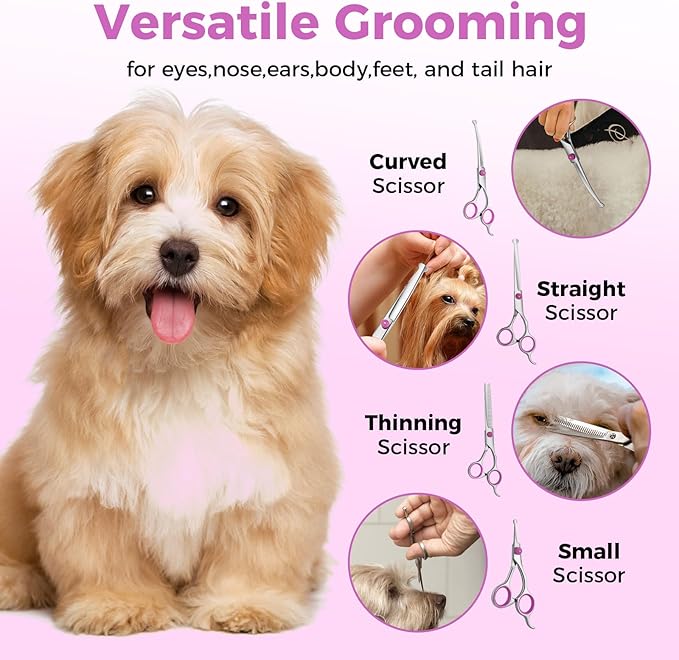 Maxshop Dog Grooming Scissors - 5 Pack Professional Titanium Stainless Steel Dog Scissors Kit Hair Cutting Thinning Shears for Dogs and Cats Heavy Duty Pet Grooming Scissors Set (Pink Set of 5)