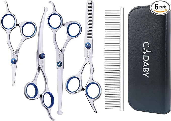 Dog Grooming Scissors Kit with Safety Round Tips,6 in 1 Professional Dog Scissors for Grooming, 4CR Stainless Steel Pet Grooming Shears for Dog, Cat, Blue