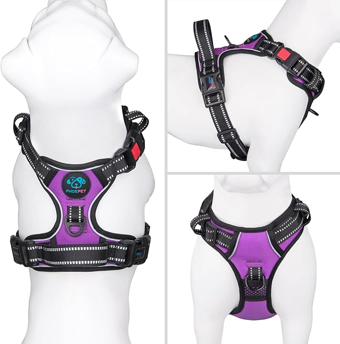 PHOEPET Reflective Dog Harness Large Breed Adjustable No Pull Vest with Handle 2 Metal Rings 3 Buckles [Easy to Put on & Take Off](XL, Purple)