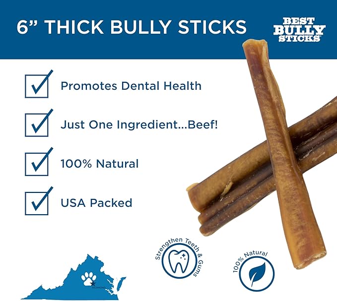 Best Bully Sticks All Natural 6 Inch Thick Bully Sticks for Large Dogs - 100% Free-Range Grass-Fed Beef - Single-Ingredient Grain & Rawhide Free Dog Chews - 18 Pack