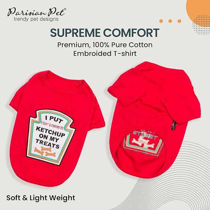 Parisian Pet Dog Shirt - Embroidered ?œI Put Ketchup on My Treats??- 100% Cotton and Polyester Dog Clothes - Sleeved, Lightweight Costume for Dogs - Red Dog Shirts for Large Dogs - Pet Costumes - L