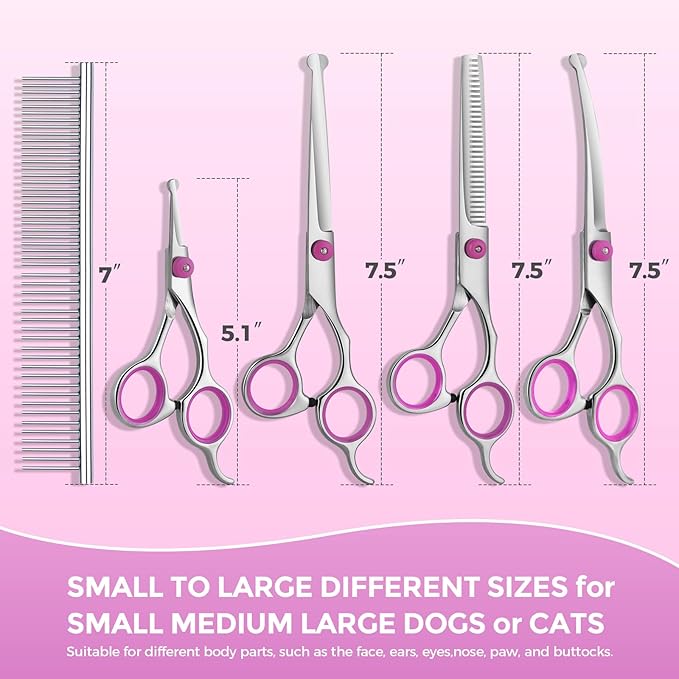 Maxshop Dog Grooming Scissors - 5 Pack Professional Titanium Stainless Steel Dog Scissors Kit Hair Cutting Thinning Shears for Dogs and Cats Heavy Duty Pet Grooming Scissors Set (Pink Set of 5)