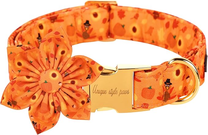 Unique style paws Halloween& Dog Collar with Flower Tie Pumpkin Cotton Collar Adjustable Puppy Collar Best Thanksgiving Gift for Small Medium Large Dogs-Turkey & Pumpkin Theme-M