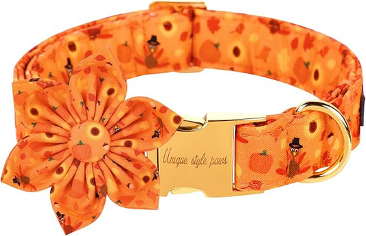 Unique style paws Halloween& Dog Collar with Flower Tie Pumpkin Cotton Collar Adjustable Puppy Collar Best Thanksgiving Gift for Small Medium Large Dogs-Turkey & Pumpkin Theme-XS
