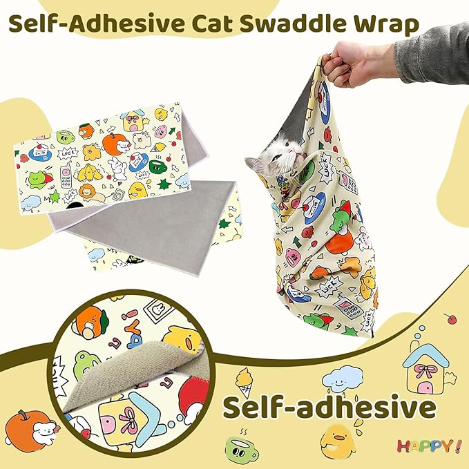 Cat Wrap for Grooming, Self-Adhesive Cat Swaddle Wrap with Nail Clipper, Soft Calming Pet Blanket Anti-Escape Grooming Bag for Cats and Dogs Up to 11lbs (Animal 3)