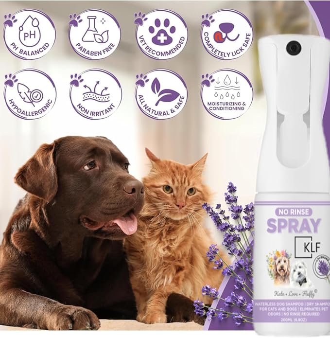 Dogs & Cats Dry Shampoo No Rinse spot Cleaning Deodorant Light Lavender Scent 200ml Spray Mist