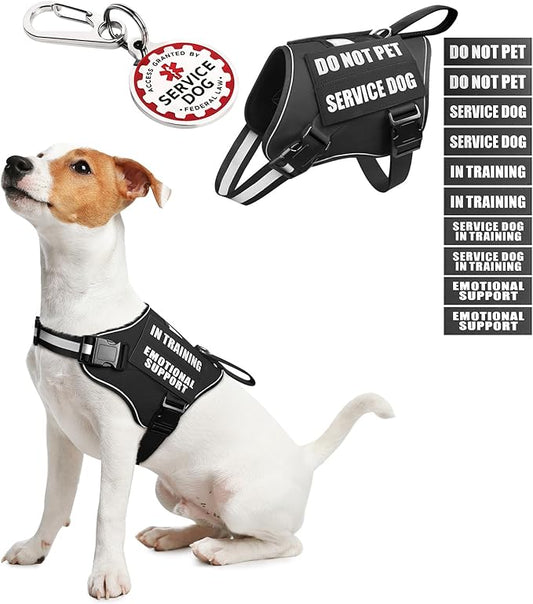 Service Dog Vest Harness+ID Tag+10 Patches,Metal Serivce Dog Tag&Reflective Emotional Support Dog Vest with Handle for Small Dogs,Easy Put On/Off for Training/Walking/Everyday Black XS