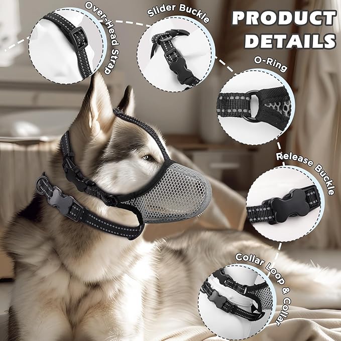 Dog Muzzle,Mesh Soft Muzzle for Small Medium Large Sized Dogs, Breathable Reflective Adjustable Puppy Muzzles with Collar for Scavenging Grooming Biting Chewing,Allows Panting and Drinking(Grey XL)