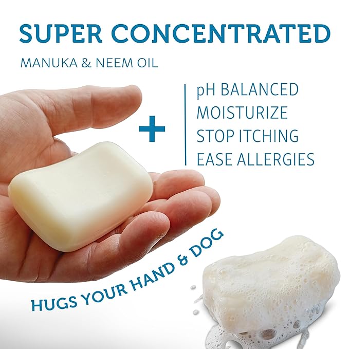 Dog Shampoo Bar Soap for Itchy Skin Relief - 2.8 oz - Concentrated Dog Soap for Sensitive Skin with Natural Manuka and Neem Oil to Ease Allergies, and Itching