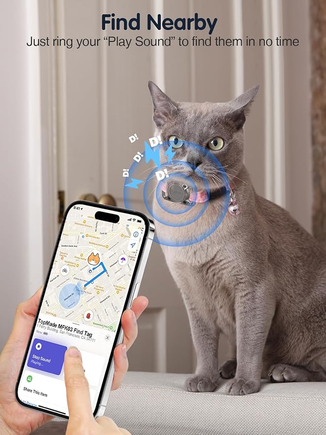 TopMade Smart Pet Tracker with Collar Holder, Cat Dog Tracker Compatible with Apple Find My, Anti-Lost Device Find Tag for Dogs, Cats, Pets, Luggage, Bag Straps, Not a GPS Tracker, Gunmetal