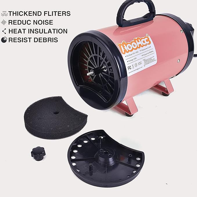 Dog Dryer, High Velocity Dog Hair Dryer, Dog Blow Dryer - Groomer Partner Pet Blower Grooming Force Dryer with Heater, Stepless Adjustable Speed, 4 Different Nozzles, Comb & Pet Grooming Glove (Pink)