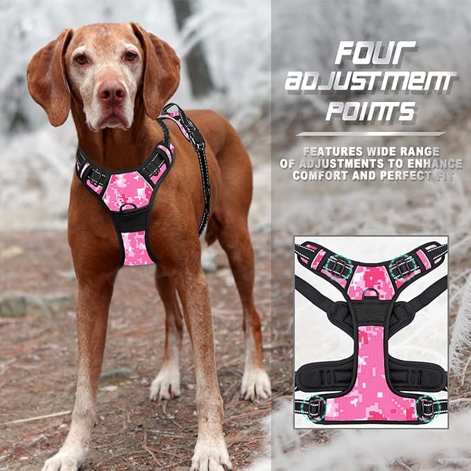 BARKBAY No Pull Dog Harness Front Clip Heavy Duty Reflective Easy Control Handle for Large Dog Walking(Pink camo,XL)