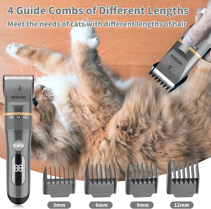 Goood Cat Grooming Kit - Cordless Cat Clippers for Long & Matted Hair, Low Noise Paw Trimmer, Quiet Pet Hair Clippers (Gray)