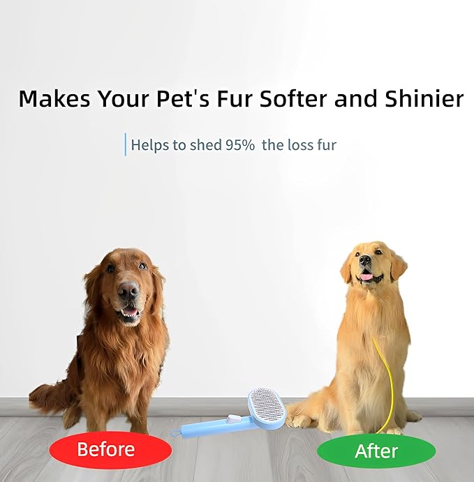 Blue Dog Grooming Brush - Shedding Comb with Soft Silicone Bristles for Long and Short-haired Dogs, Cat Brush, Removes Loose Hair and Tangles