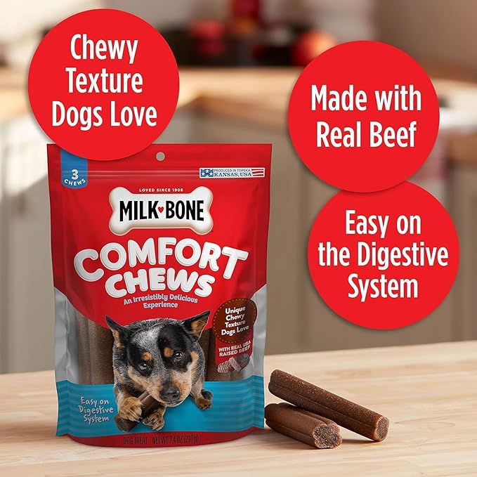 Milk-Bone Mini Comfort Chews, Rawhide Free Dog Treats with Unique Chewy Texture and Real Beef, 18 Mini Chews (Pack of 4)