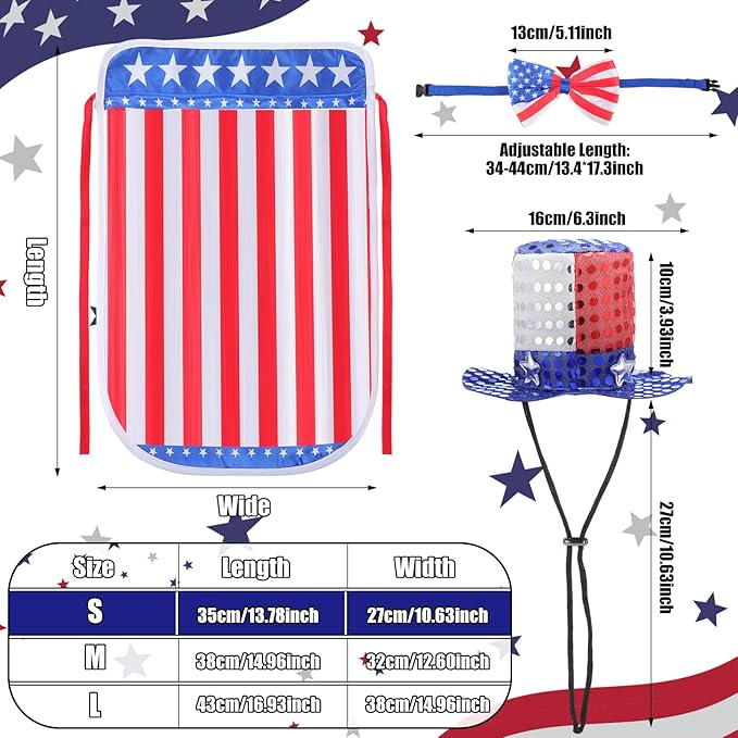 JaGely 3 Pcs 4th of July Dog Outfit Independence Day Costume Set Includes Dog Top Hat, American Flag Bow Tie Collar and Cape Patriotic Pet Cats Puppy Clothes(S,Fashion)
