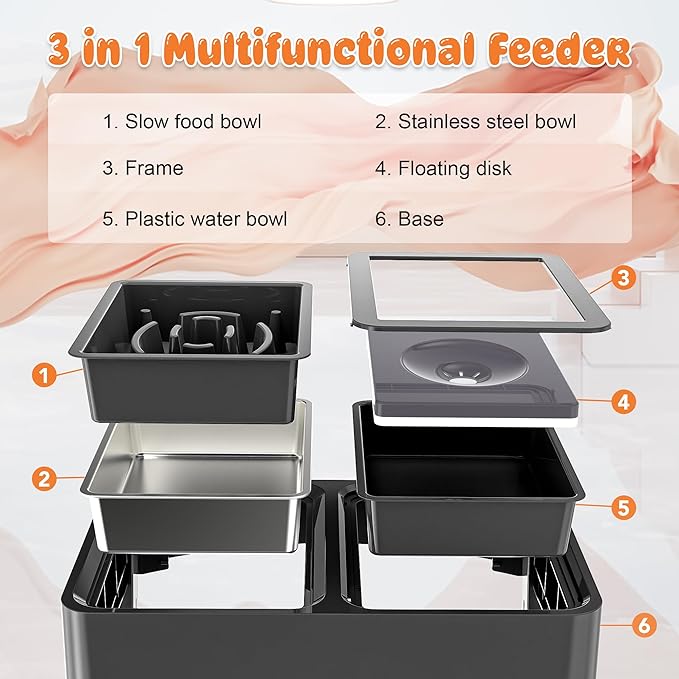 Decflow 3-in-1 Elevated Dog Bowls, 4 Height Adjustable Raised with Stainless Steel, Slow Feeder, No Spill Water Bowl, DIY Stickers Foldable Pet Bowl for Medium Large Dogs