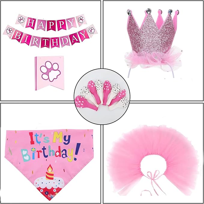 Petank Dog Birthday Party Decorations,Pet Birthday Party Supplies with Cute Pink Tutu Skirt Outfit,Happy Birthday Banner,Crown Hat for Dog Birthday Set (Pink)