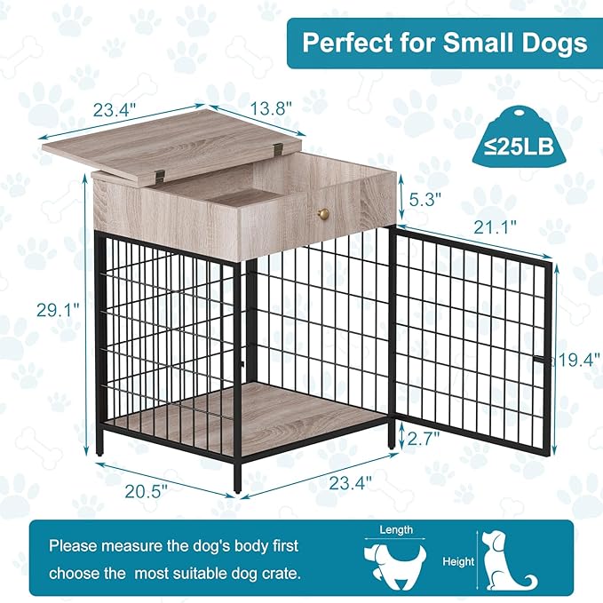 Decorative Grey Steel-Tube Dog Kennel Table with Drawer, Chew-Proof Indoor Pet Crate End Table for Small Dogs