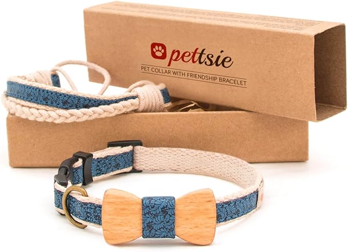 Pettsie Matching Dog Collar Bow Tie, Friendship Bracelet, Durable Hemp for Extra Safety, 3 Easy Adjustable Sizes, Comfortable and Soft for Sensitive Skin, Strong D-Ring for Leash Attachment