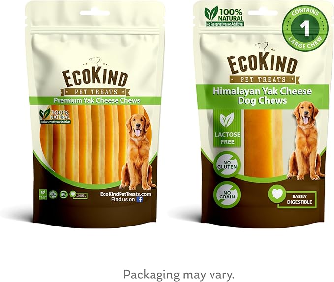 EcoKind Pet Treats Gold Himalayan Yak Cheese Dog Chew, Yak Dog Treats for Active Chewers, 100% Natural & Healthy Chew Sticks for Small & Large Dogs, Assorted Set of Big & Small Yak (1 Large Stick)