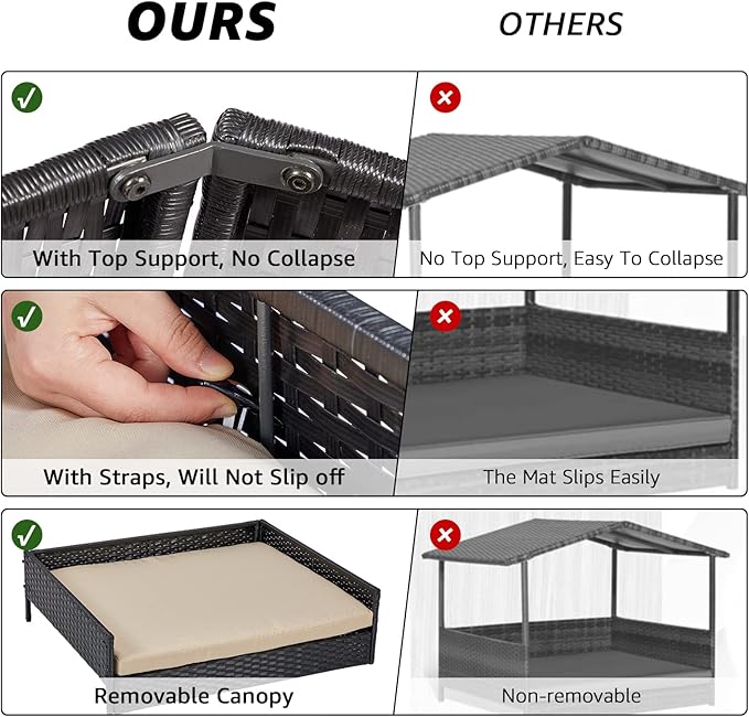 NATURAL EXPRESSIONS 2-in-1 Wicker Dog House,Elevated Dog Bed for Indoor/Outdoor with Removable Canopy,Large Dog House with Raised Pet Cot Cool, Breathable, Shade, waterrproof with Non-Slip Feet