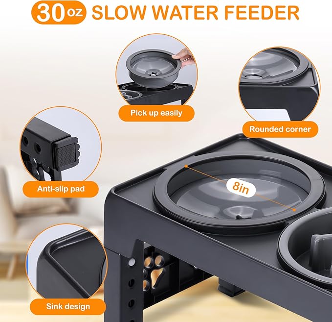 Elevated Dog Bowls, Raised Slow Feeder Dog Bowls with No Spill Water Bowl, Dog Bowl Stand Adjusts to 5 Heights 2.95", 8.46", 9.65", 10.82", 12.01" for Small Medium Large Dogs and Pets, Black