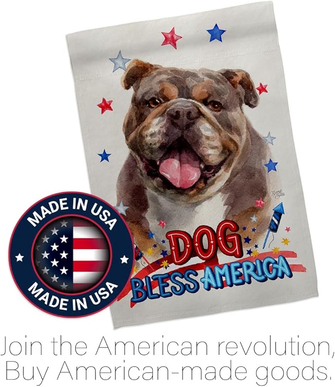 Breeze Decor Patriotic Chocolate Bulldog House Flag Pack Dog Puppy Spoiled Paw Canine Fur Pet Nature Farm Animal Creature Embroidery Banner Small Garden Yard Gift Double-Sided, Made in USA