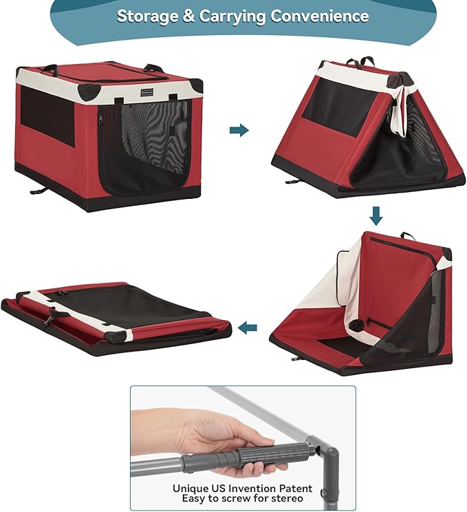 PETSFIT Portable Dog Crate, with Patented Adjustable Fabric Cover, Chewproof & Lockable Mesh Doors, Waterproof Base Portable Kennel Red 26 Inch