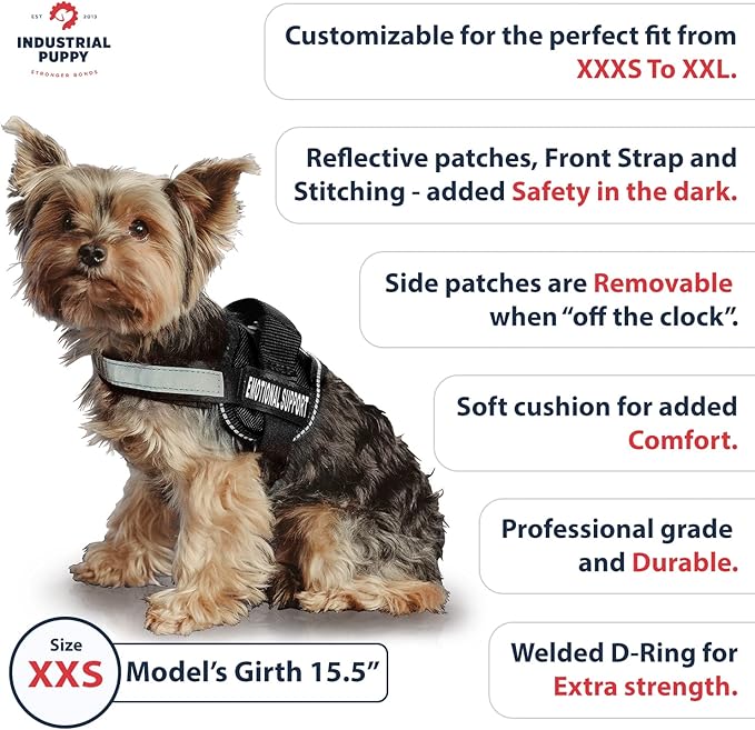 Emotional Support Dog Vest Harness with Reflective Straps, Interchangeable Patches, & Top Handle - ESA Dog Vest in 8 Sizes - Heavy Duty Emotional Support Dog Harness for Working Dogs (Black, XXS)