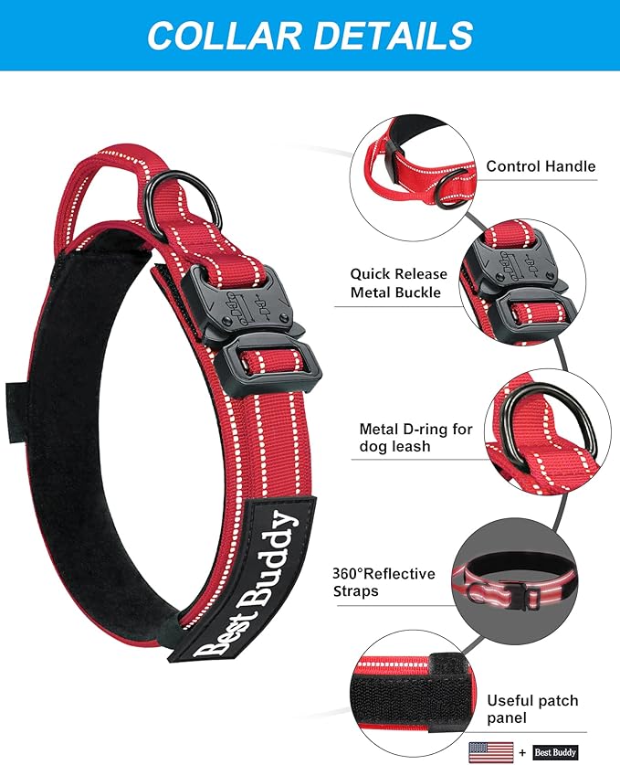 AUBELL Tactical Dog Collar and Leash Set, Adjustable Military Nylon Reflective Dog Leash and Collar with Handle and Heavy Metal Buckle for Medium Large Dogs, with Airtag Holder and 2 Patches (Red, XL)