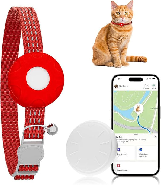 Cat Tracker,No Monthly Fee Cat Tracker Collar (Only iOS),Waterproof Pet Tracker for Cats with Safety Elastic Buckle,Works with Any Collar,Compatible with Apple Find My App not for Android-Red