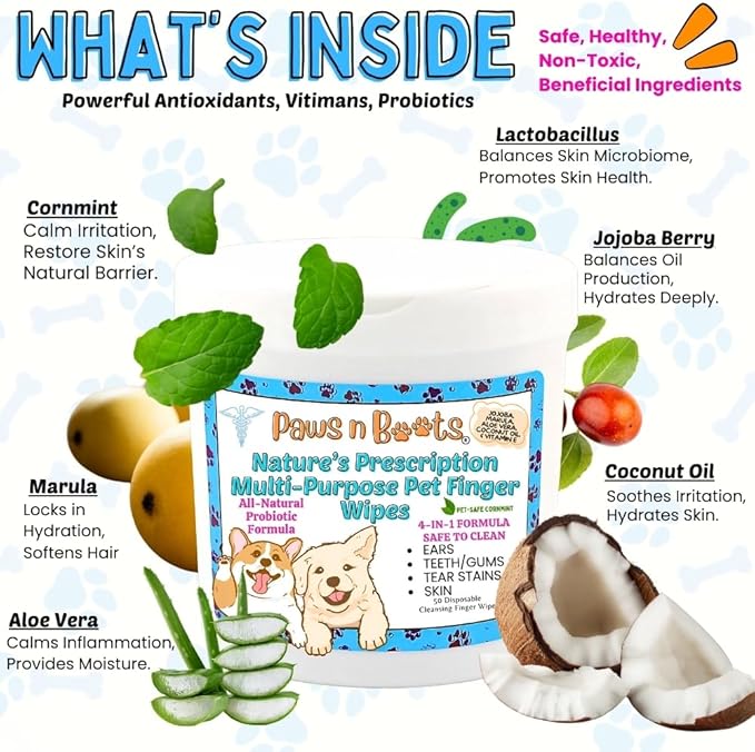 Pet Wipes - Multi-Purpose Finger Wipes to Cleanse Ears, Freshen Breath, Whiten Teeth, Soothe Skin and Tear Stain Removal. Pre-Formulated with 100% Natural, Plant-Based, Safe, & Beneficial Ingredients.
