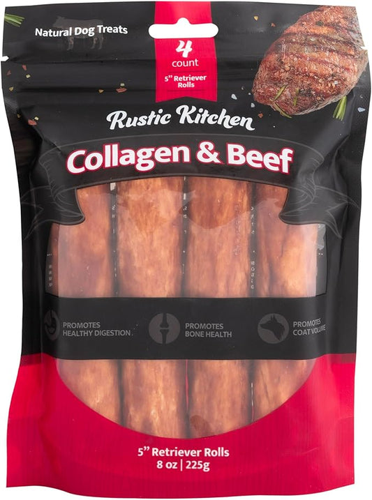 Beef Collagen Sticks for Dogs, Collagen Retriever Roll Real Beef Dog Treat 5" - 4ct, Dog Chews Long Lasting, Rawhide Free for All Dog Breeds