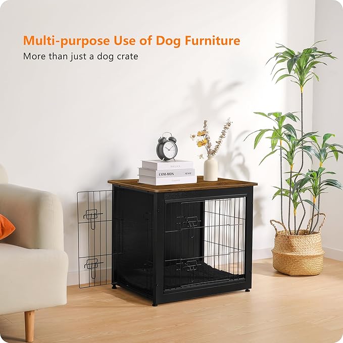 DWANTON Dog Crate Furniture with Cushion, Wooden Dog Crate with Double Doors, Dog Furniture, Dog Kennel Indoor for Small Dog，End Table, 27.2" L, Black+Warm Brown
