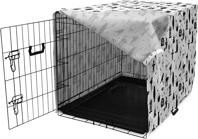 Lunarable Halloween Dog Crate Cover, Horror Pattern Tombstone Kitty Owl Voodoo Trick or Treat Pumpkin, Easy to Use Pet Kennel Cover for Small Dogs Puppies Kittens, 18 Inch, Grey Black Charcoal
