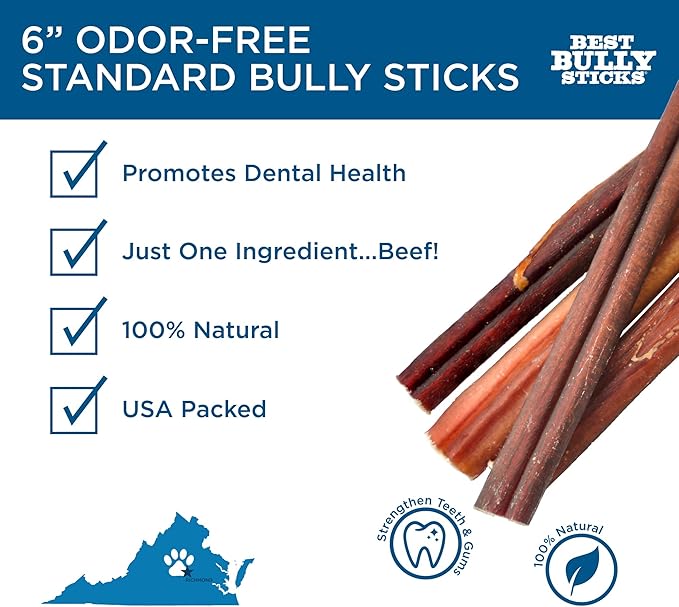 Best Bully Sticks 6 Inch Odor Free Bully Sticks for Dogs, 20 Pack, Bulk Bag 100% Natural Grass-Fed Beef, Easily Digestible Bully Bones Grain and Rawhide Free Odorless Dog Bully Sticks for Large Dogs