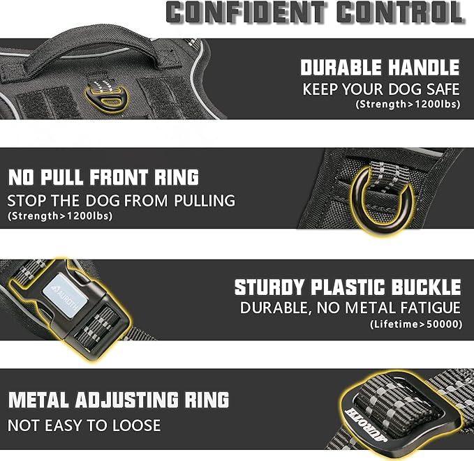 AUROTH Tactical Harness for Small Medium Dogs No Pull Adjustable Pet Harness Reflective K9 Working Training Easy Control Vest Military Service Dog Harnesses Black M