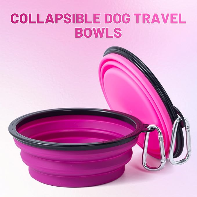 Dog Bowl Pet Collapsible Bowls, 2 Pack Collapsible Dog Water Bowls for Cats Dogs, Portable Pet Feeding Watering Dish for Walking Parking Traveling with 2 Carabiners (Pink+Purple, Medium)