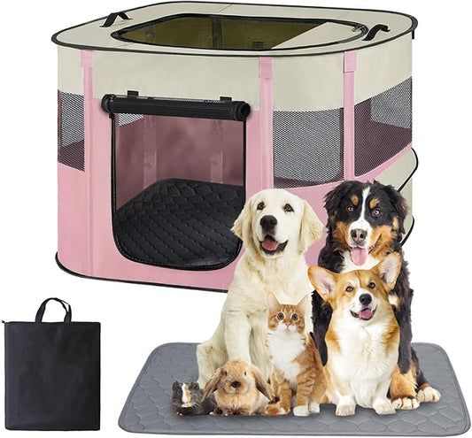 Pet Dog Cat Playpen Tent,Foldable Cat Cage Kennel,Portable Collapsible Puppy Crate for Indoor Outdoor Travel Camping Use with Washable Pad,Water-Resistant Breathable Shade Cover Pink M