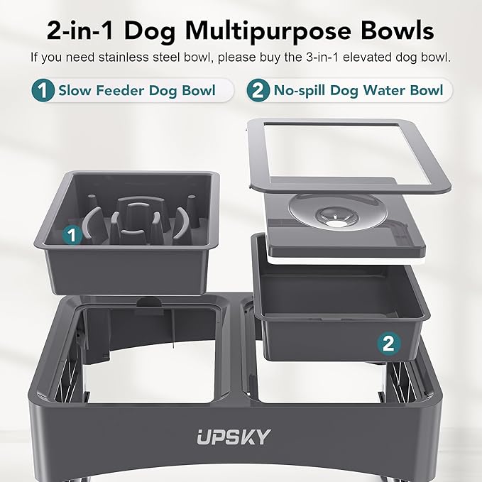 UPSKY 2-in-1 Elevated Dog Bowls Slow Feeder, 4 Height Adjustable Raised Bowl Stand, No Spill Water Dispenser, Anti-Slip Food and Water Bowl for Small Medium Dogs