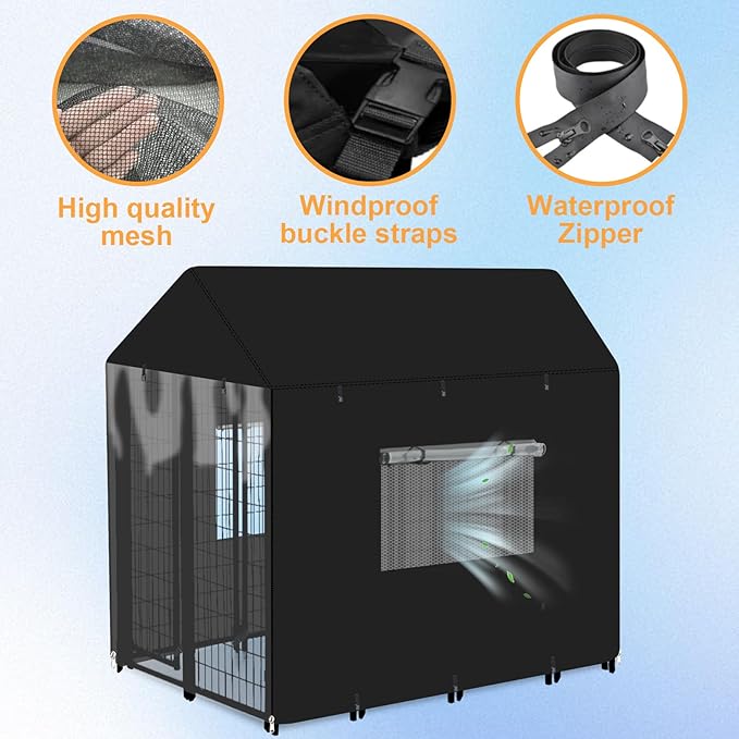 Outdoor Dog Kennel Cover Heavy Duty Full Coverage 600D Waterproof and Durable Dog Crate Cover for 4.2'Dx4.2'Wx4.5'H Multiple Brands of Dog Kennelswith Mesh Breathable Good Observation （Covers Only）