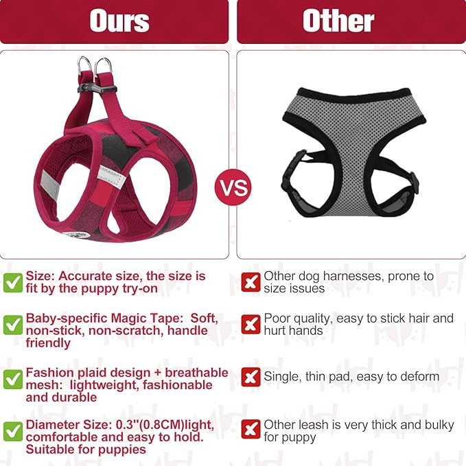 BEAUTYZOO Small Dog Harness and Leash Set,Step in No Chock No Pull Soft Mesh Dog Harnesses Reflective for Extra-Small/Small Medium Puppy Dogs and Cats, Plaid Dog Vest Harness for XS S Pets, Red S